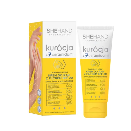 SheHand Kuracja z 7 Ceramidami  Nawilżenie + rozjaśnienie, Ochronny lekki krem do rąk z filtrem SPF 20