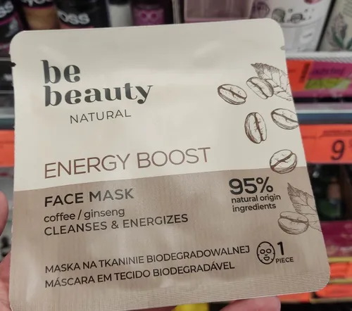 bebeauty Natural, Energetyzująca maska do twarzy na tkaninie biodegradowalnej `Energy Boost - kawa i żeń szeń`