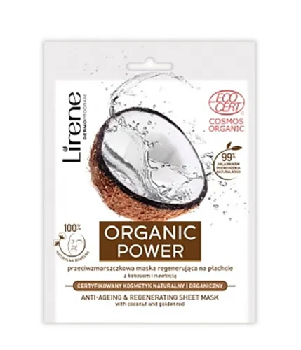 Lirene Dermoprogram Organic Power, Przeciwzmarszczkowa maska regenerująca na płachcie z kokosem i nawłocią