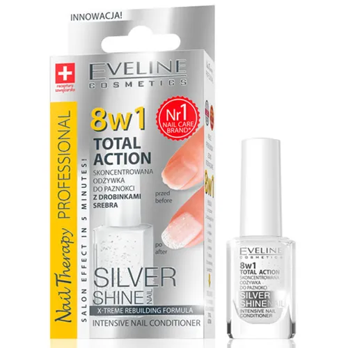Eveline Cosmetics Nail Therapy Professional, 8 w 1 Total Action, Silver Shine, Skoncentrowana odżywka do paznokci z drobinkami srebra - 2