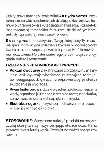 AA Hydro Sorbet Sleeping Mask, Żelowy krem na noc `Brzoskwinia + kwas hialuronowy` - 3