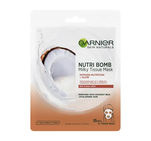 Garnier SkinActive, Nutri Bomb, Milky Tissue Mask (Maska w płachcie z mlekiem kokosowym)