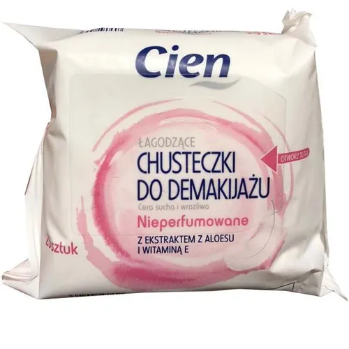 Cien Łagodzące chusteczki do demakijażu do cery suchej i wrażliwej nieperfumowane z ekstraktem z aloesu i wit. E