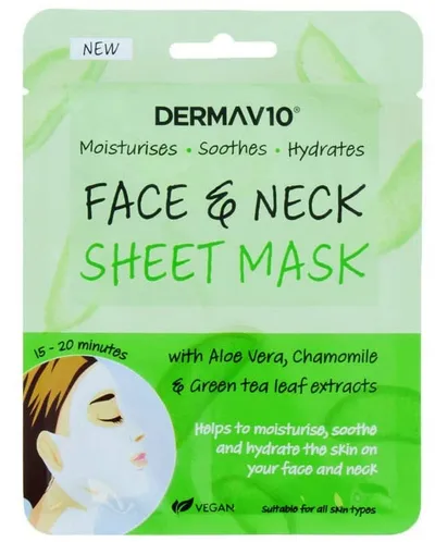 DermaV10 Face & Neck Sheet Mask (Nawilżająca maska w płachcie z sokiem z aloesu, rumiankiem i zieloną herbatą)