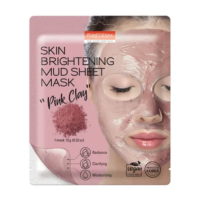 Purederm Pink Clay, Skin Brightening Mud Sheet Mask (Różowa Glinka, Rozjaśniająca maseczka do twarzy)