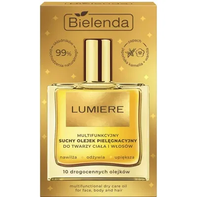 Bielenda Lumiere, Japońska Kamelia + Wanilia, Multifunkcyjny suchy olejek pielęgnacyjny ze złotymi drobinami do twarzy, ciała i włosów