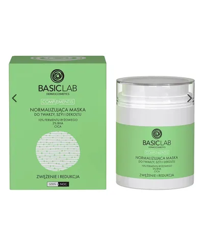 BasicLab Dermocosmetics Normalizująca maska do twarzy, szyi i dekoltu, Zwężenie i redukcja,  10% Fermentu ryżowego, 2% BHA, CICA