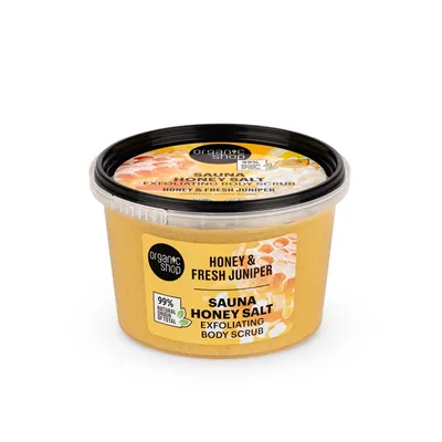 Organic Shop Honey & Fresh Juniper, Sauna Honey, Salt Exfoliating Body Scrub (Miód i świeży jałowiec, Peelingujący scrub do ciała)