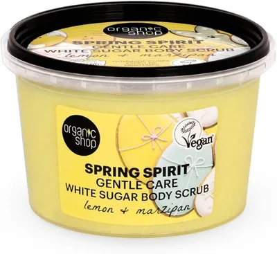 Organic Shop Spring Spirit, Lemon + Marzipan, Gentle Care White Sugar Body Scrub (Cytryna i Marcepan, Delikatny peeling cukrowy do ciała)
