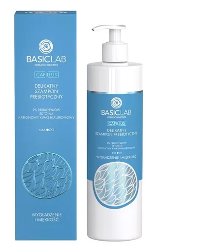 BasicLab Dermocosmetics Wygładzenie i miękkość, 2% prebiotyków, ektoina, kationowy kwas hialuronowy, Delikatny szampon prebiotyczny