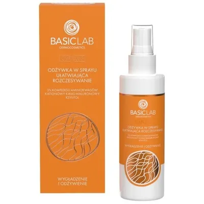BasicLab Dermocosmetics Wygładzenie i Odżywienie, 3% kompleksu aminokwasów, kationowy kwas hialuronowy, ksylitol, Odżywka w sprayu ułatwiająca rozczesywanie