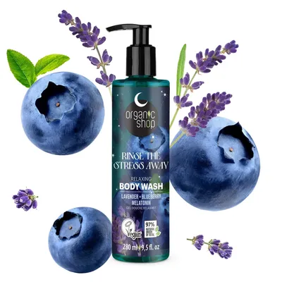 Organic Shop Lavender + Blueberry Melatonin, Relaxing Body Wash (Lawenda i Jagoda, Relaksujący żel do mycia ciała)