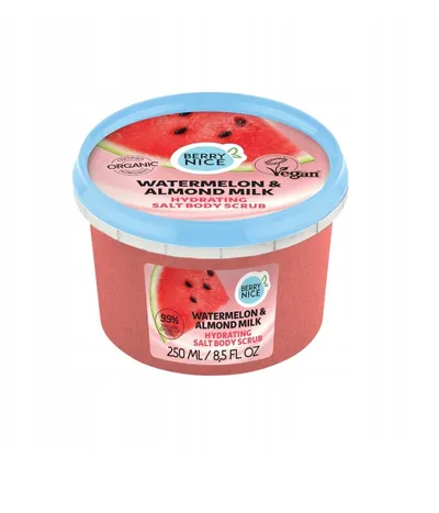 Berry Nice Watermelon & Almond Milk, Hydrating Salt Body Scrub (Arbuz i Mleczko Migdałowe, Nawilżający peeling solny do ciała)