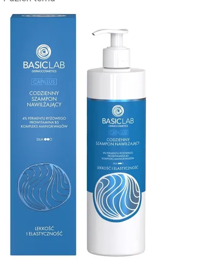 BasicLab Dermocosmetics Lekkość i elastyczność, 4% fermentu ryżowego, prowitamina B5, kompleks aminokwasów, Codzienny szampon nawilżający