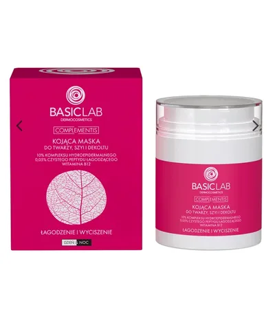 BasicLab Dermocosmetics Kojąca maska do twarzy, szyi i dekoltu, Łagodzenie i wyciszenie, 10% kompleksu hydroepidermalnego, 0,05% czystego peptydu łagodzącego, witamina B12