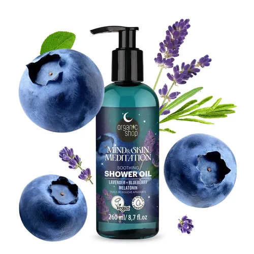 Organic Shop Lavender + Blueberry Melatonin, Soothing Shower Oil (Lawenda i Jagoda, Kojący olejek pod prysznic)