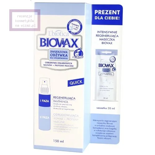 L'biotica Biovax Quick Latte, Dwufazowa odżywka bez spłukiwania odbudowa osłabionych włosów + proteiny mleczne