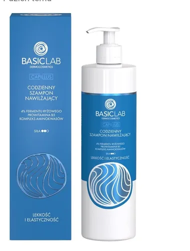 BasicLab Dermocosmetics Lekkość i elastyczność, 4% fermentu ryżowego, prowitamina B5, kompleks aminokwasów, Codzienny szampon nawilżający