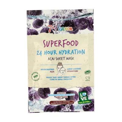 7th Heaven Superfood, 24 Hour Hydration Acai Sheet Mask (Maska z owocami Acai na biodegradowalnej płachcie)