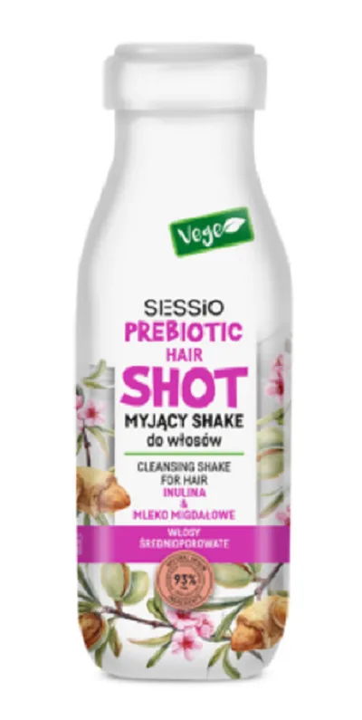 Sessio Prebiotic Hair Shot, Myjący shake do włosów średnioporowatych z inuliną i mlekiem migdałowym