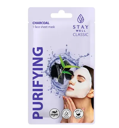 Stay Well Purifying, Charcoal, Classic Sheet Mask (Oczyszczająca maska do twarzy w płachcie)