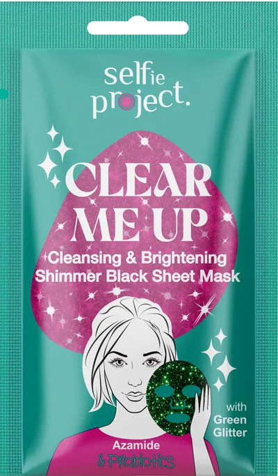 Selfie Project Clear Me Up, Cleansing & Brightening Shimmer Black Sheet Mask (Oczyszczająco-rozświetlająca czarna maska na tkaninie z azamidem i probiotykami)