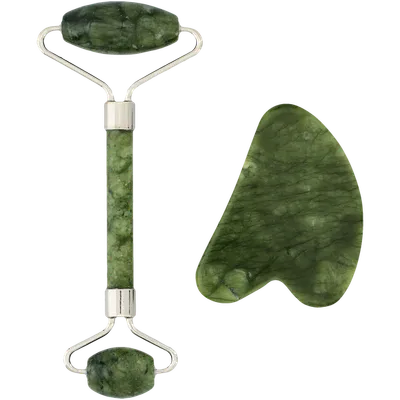 Hebe Professional, Green Serpentine Massage Roller Set (Zestaw: kamień serpentynowy gua sha do masażu twarzy + serpentynowy roller do masażu twarzy)