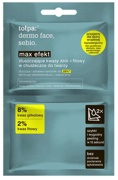 Tołpa Dermo Face, Sebio., Max Efekt, Złuszczajace kwasy AHA + fitowy w chusteczce do twarzy