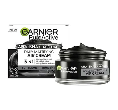 Garnier Pure Active, AHA + BHA Charcoal Daily Mattifying Air Cream 3 in 1 (Matujący krem-żel do twarzy z aktywnym węglem)