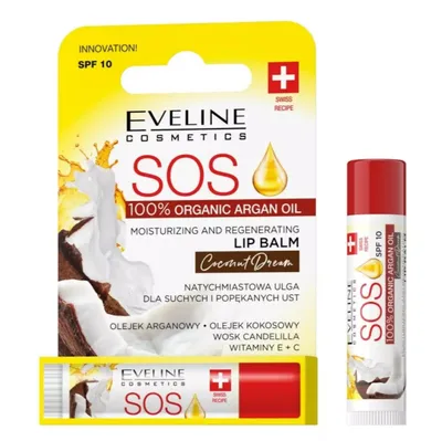 Eveline Cosmetics Coconut Dream, SOS, Moisturizing and Regerating Lip Balm (Kokosowe Marzenie, Nawilżający i regenerujący balsam do ust (nowa wersja))