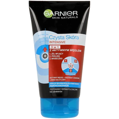Garnier Czysta Skóra Intensive, Żel myjący + peeling + maseczka 3 w 1 z aktywnym węglem