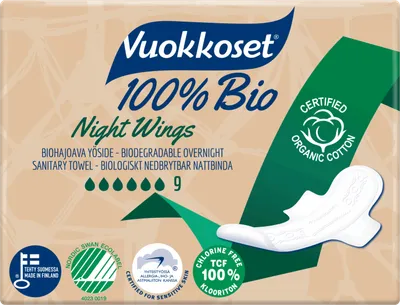 Vuokkoset 100% Bio Night Wings (Biodegradowalne podpaski ze skrzydełkami na noc)