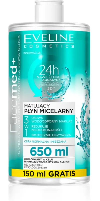 Eveline Cosmetics Facemed +, Matujący płyn micelarny 3 w 1 do cery normalnej i mieszanej