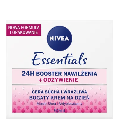 Nivea Essentials, Bogaty krem na dzień do cery suchej i wrażliwej `24H Booster nawilżenia + odżywienie`