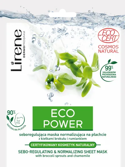 Lirene Dermoprogram Eco Power, Seboregulująca maska normalizująca na płachcie z kiełkami brokułu i rumiankiem