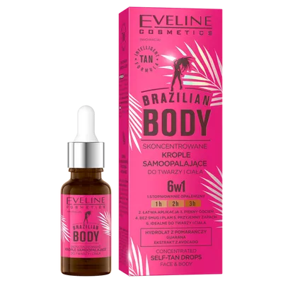Eveline Cosmetics Brazilian Body, Skoncentrowane krople samoopalające do twarzy i ciała 6w1