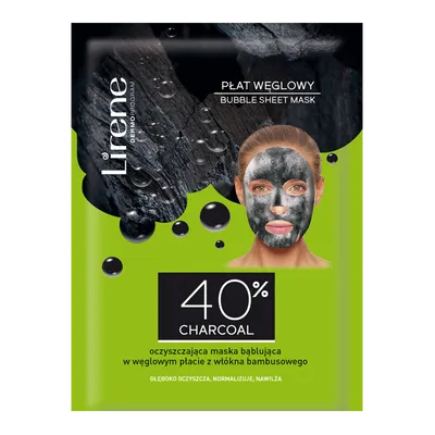 Lirene Dermoprogram 40% Charcoal, Oczyszczająca maska bąblująca w węglowym płacie z włókna bambusowego