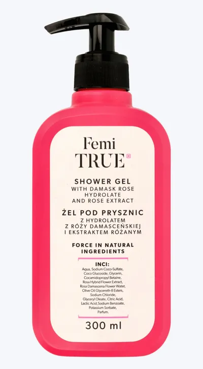 Femi True Shower Gel with Damask Rose Hydrolate and Rose Extract (Żel pod prysznic z hydrolatem z róży damasceńskiej i ekstraktem różanym)