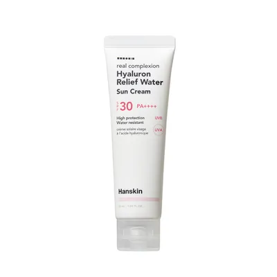 Hanskin Real Complexion, Hyaluron Relief Water, Sun Cream SPF30++++ (Hialuronowy łagodzący krem przeciwsłoneczny na bazie wody)