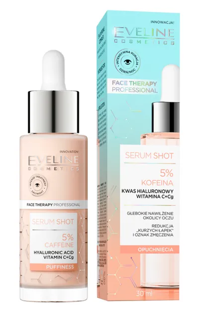 Eveline Cosmetics Face Therapy Professional, Serum Shot, Serum na opuchnięcia z 5% kofeiną, kwasem hialuronowym i witaminą C+Cg