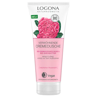 Logona Verwohnende Cremedusche Bio-Damaszener Rose & Bio-Sheabutter (Kremowy żel pod prysznic `Róża damasceńska i masło shea`)