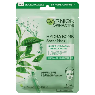 Garnier Hydra Bomb, Sheet Mask Super Hydrating + Rebalancing Hyaluronic Acid + Extract of Green Tea (Nawilżająca maska na tkaninie)