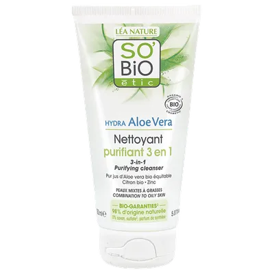 SO'BiO Etic Hydra Aloe Vera, Gel Nettoyant Purifiant 3 en 1 [3in1 Organic Aloe Cleansing & Purifying Gel] (Żel do oczyszczania twarzy)