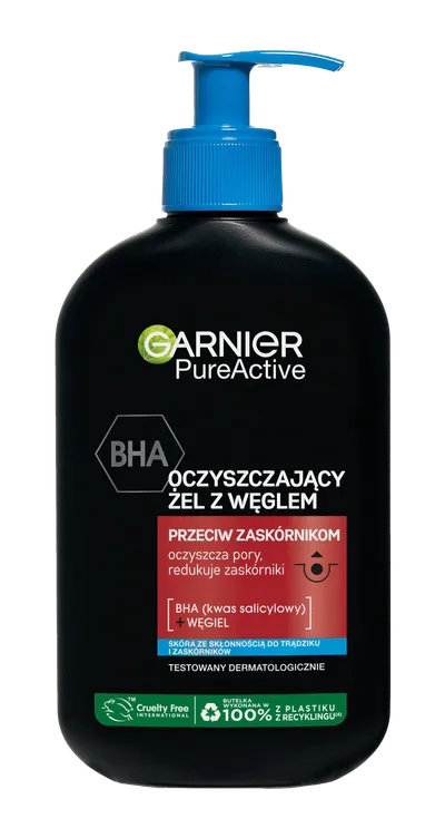 Garnier Pure Active, Oczyszczający żel z kwasami AHA + BHA i węglem