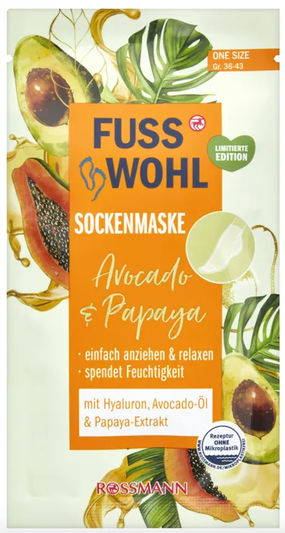 Fusswohl Sockenmaske Avocado & Papaya (Maska do stóp w postaci skarpetek Awokado i Papaja)