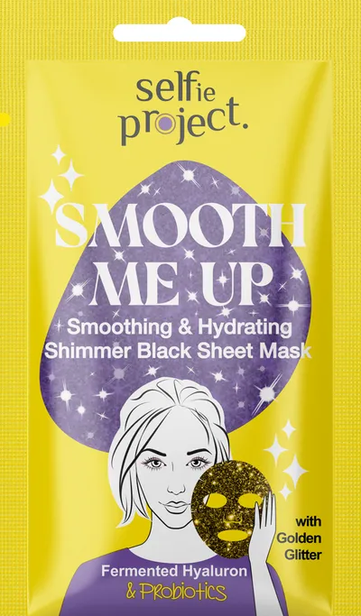 Selfie Project Smooth Me Up, Smoothing & Hydrating Shimmer Black Sheet Mask (Wygładzająco-nawilżająca czarna maska na tkaninie z fermentowanym hialuronem i probiotykami)