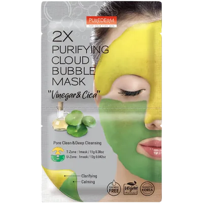 Purederm 2 x Purifying Cloud Bubble Mask Vinegar + Cica (Bąbelkująca maseczka żółto- zielona z octem jabłkowymi wąkrotką azjatycką)