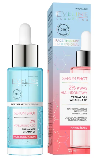 Eveline Cosmetics Face Therapy Professional, Serum Shot, Serum nawilżające z 2% kwasem hialuronowym, trehalozą i witaminą B5