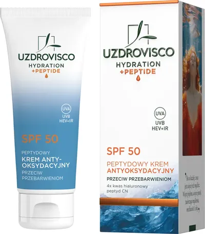 Uzdrovisco Hydration + Peptide, Peptydowy krem antyoksydacyjny przeciw przebarwieniom SPF 50
