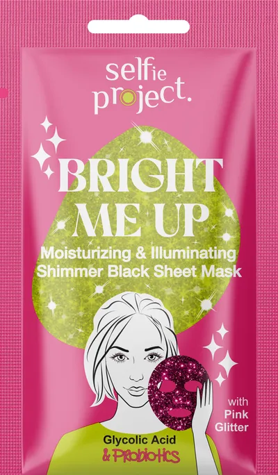 Selfie Project Bright Me Up, Moisturizing & Illuminating Shimmer Black Sheet Mask (Nawilżająco-rozświetlająca czarna maska na tkaninie z kwasem glikolowym i probiotykami)